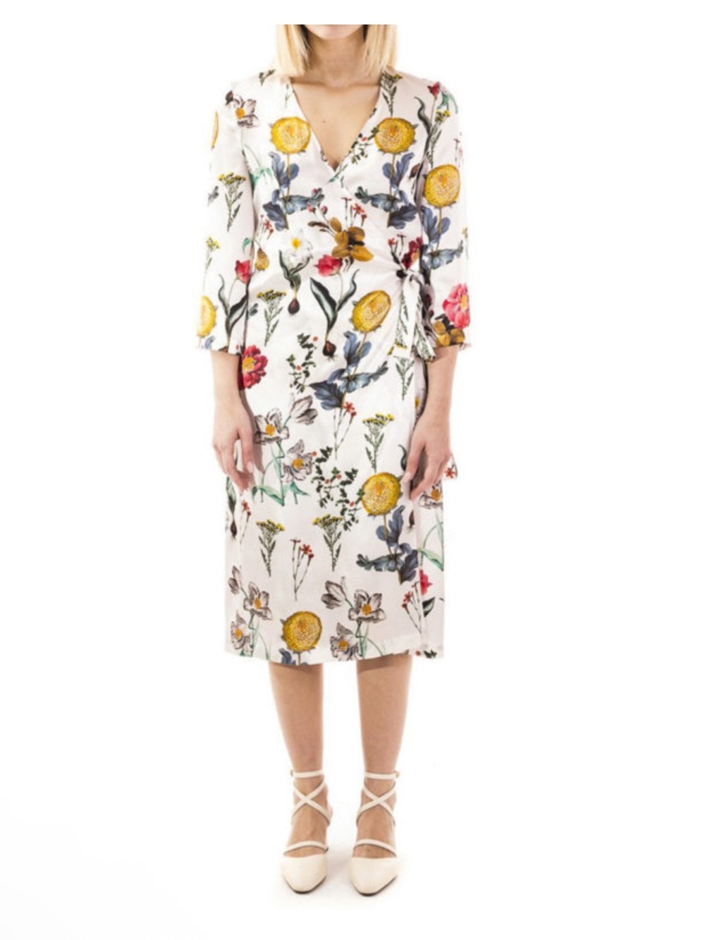 L’autre Chose Silk New Floral Wrap Midi  Dress in White with Yellow Accents.